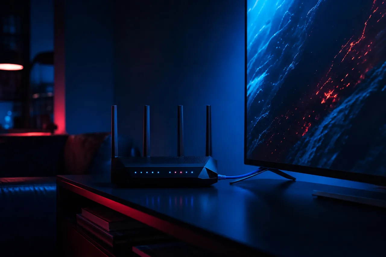 Television showing a settings menu while someone checks the router